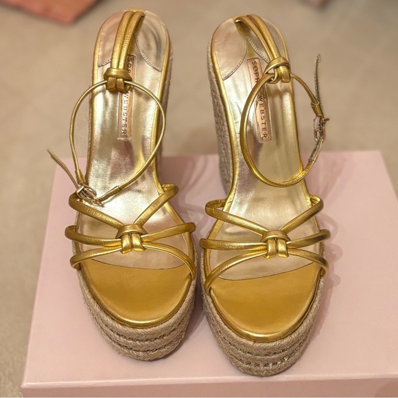 NWB Sophia Webster Alina Gold Espadrille Open Wedge Platform Heel Shoes Crystal - Picture 6 of 10